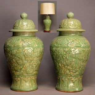 Pair of fresh green temple jars / lamps